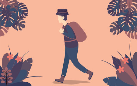 man walking in the forest in flat designのイラスト素材