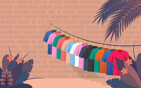 colorful t-shirt on washing line at the back of houseのイラスト素材