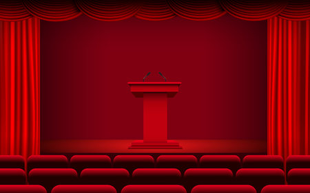 red announcement podium and red curtain on the stageのイラスト素材