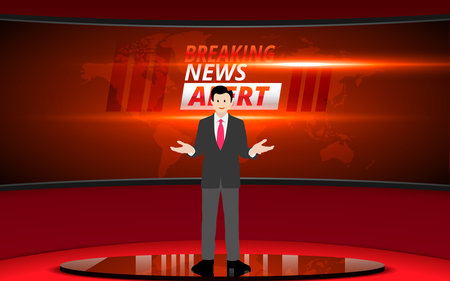 broadcaster on the blue stand with lcd background in the news studio roomのイラスト素材