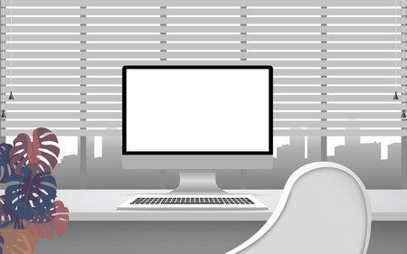 computer on the white desk in office room on the high buildingのイラスト素材