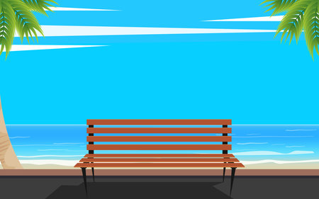 landscape with a wooden bench on the beach in summerのイラスト素材