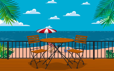 chairs and tables at the outdoor cafe on the beachのイラスト素材