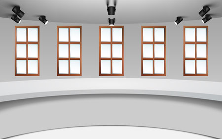 white table with wooden windows background in the news studio roomのイラスト素材