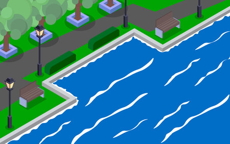 landscape of garden on the beach in isometric styleのイラスト素材