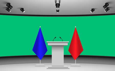 white announcement podium and microphone with colorful flags background on the green screen in the studio roomのイラスト素材