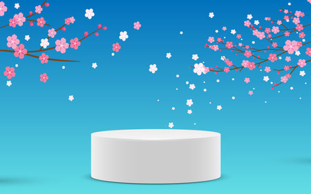 white podium white sakura flower backgroundのイラスト素材