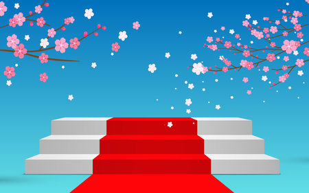 white podium white sakura flower backgroundのイラスト素材
