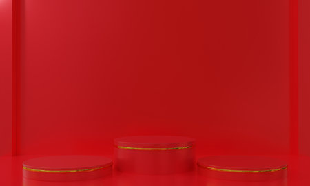 3 red podium with golden ring in the  studio room.3d rendering.の写真素材