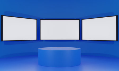 blue podium and lcd tv background in a news studio room.3d rendering.の写真素材