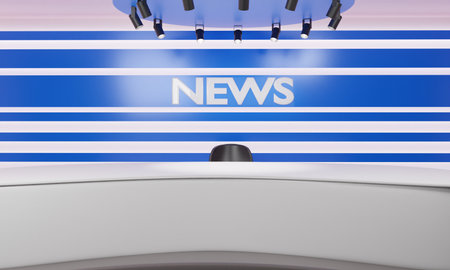 white table on stand with blue light background in a news studio room.3d rendering.の写真素材