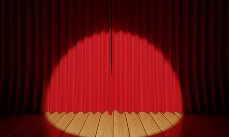 red curtain and light of spotlight on the wooden stage in the hall.3d rendering.の写真素材
