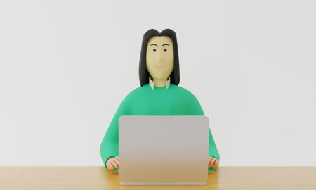 smiling woman with laptop on wooden table,cartoon businesswoman character chatting on the computer.3d rendering.の写真素材