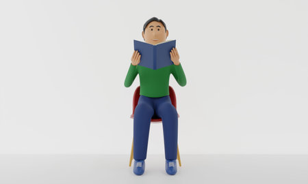 boy reading book on red chair in the white room,blue books on wooden table.3d rendering.の写真素材