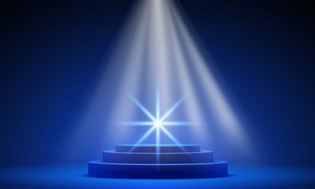 blue podium in the blue studio roomの写真素材