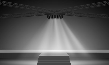 white stage with spotlight and red seats in the hallのイラスト素材