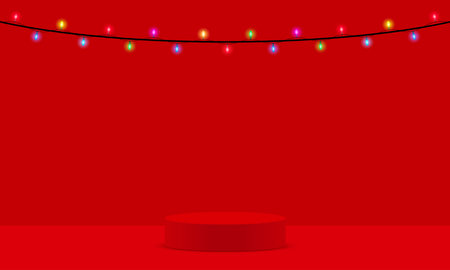 red podium and colorful hanging light tube in the studio roomのイラスト素材