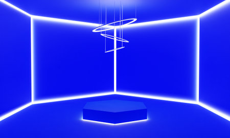 blue podium with hanging light in the room.3d rendering.の写真素材