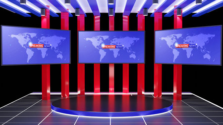 stand and leds screen background in the news studio room.3d rendering.の写真素材