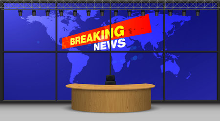 wooden table and breaking news on led screen background in the news studio roomのイラスト素材