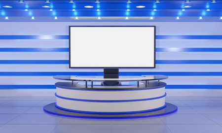 white table and lcd background in a news studio room.3d rendering.の写真素材