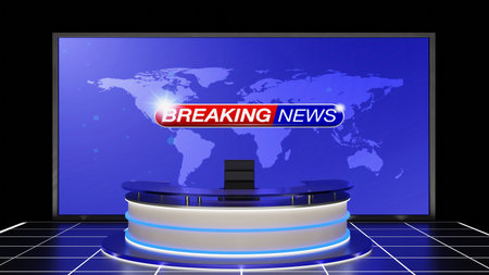 white table and lcd background in a news studio room.3d rendering.の写真素材
