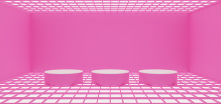pink showcase with neon light in the pink room.3d rendering.の写真素材