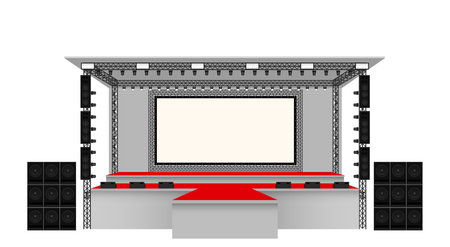 red stage and white screen with spotlight on the truss system on the white backgroundのイラスト素材