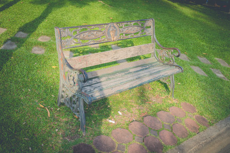 vintage design of stone seat in the gardenの写真素材