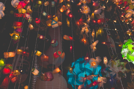Bunch of colorful lamp handicrafts in the shopvintage styleの写真素材