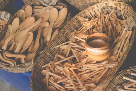Wooden kitchenware handicrafts vintage styleの写真素材