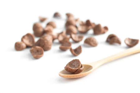 Chocolate breakfast cereal on isolate white backgroundの写真素材