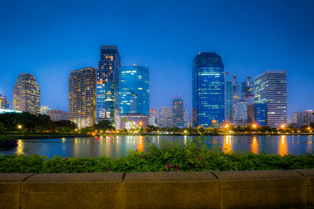 Bangkok, Thailand - Marchl 21 2015 : Landscape of Bangkok city in night time. Capture from Benjakitti Park in Bangkok. This place is very popular that tourists like to take photos of modern architecture.のeditorial素材