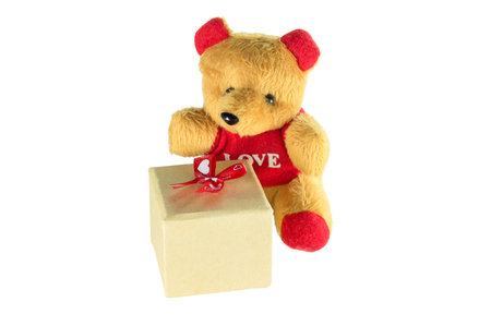 Teddy bear with gift box that isolated on white background with copy spaceの写真素材