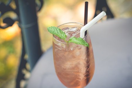 A glass of  lemonade iced. Tasty cool beverage with lemonade.(selective focus)の写真素材