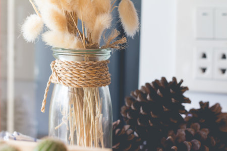 Dried flower in vase, Bouquet of dried flowers in vase. Dried flower for interior decoration. Interior object(vintage effect,selective focus)の写真素材