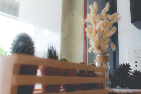 Bouquet of dried flowers in vase. Dried flower for interior decoration. Interior object(vintage effect,selective focus)の写真素材