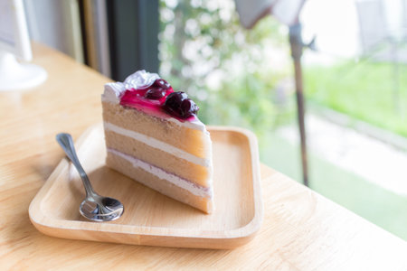 whipped cream cake with blueberry syrup toppingの写真素材
