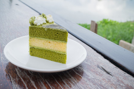 fresh green tea cake in outdoor cafe