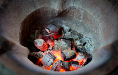 Traditional charcoal burning clay stove for preparing foodの写真素材