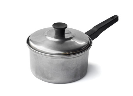 Stainless saucepans and cover isolated on white backgroundのeditorial素材