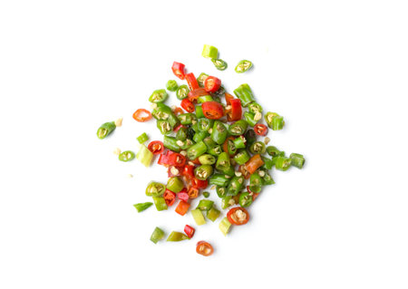 Bird chili or Thai chili sliced isolated on white backgroundの写真素材