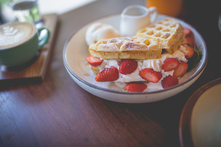 Picture of waffle pancake desert with vanilla ice cream, fresh strawberry and honey syrupの写真素材