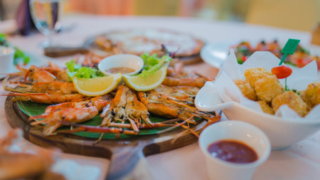 A picture of fresh grilled thai river prawns at luxury restaurantの写真素材