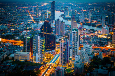 Bangkok Thailand - June 8 2019 : Landscape of Bangkok city during night sceneのeditorial素材