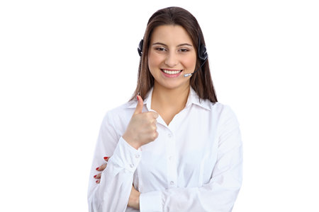Support phone operator showing thumbs upの写真素材