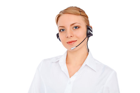 Support phone operator  in headset, blonde girl, isolatedの写真素材