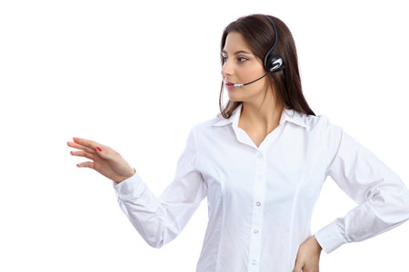 Support  phone operator in headset showing copyspace areaの写真素材
