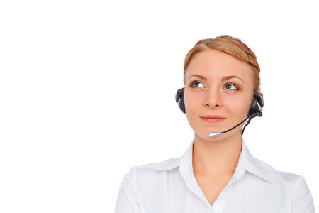 Support phone operator  in headset, blonde girl, isolatedの写真素材