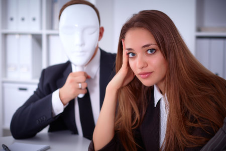 A group of business people at a meeting . They do not hear me, they dont want to understand me, business conceptの写真素材